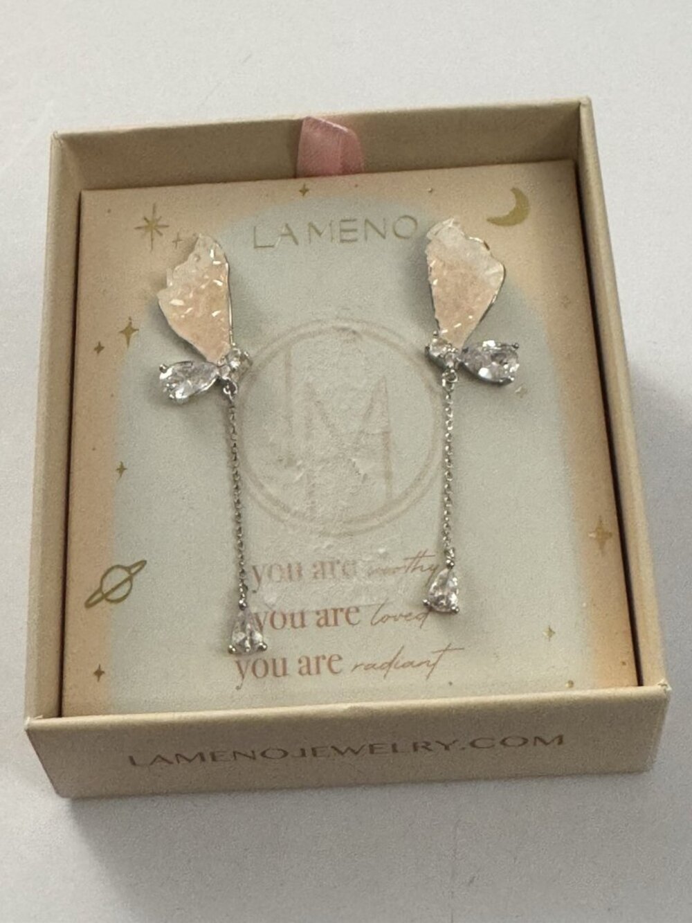 LA MENO Sterling Silver Pink Quartz Butterfly Drop Earrings HG1